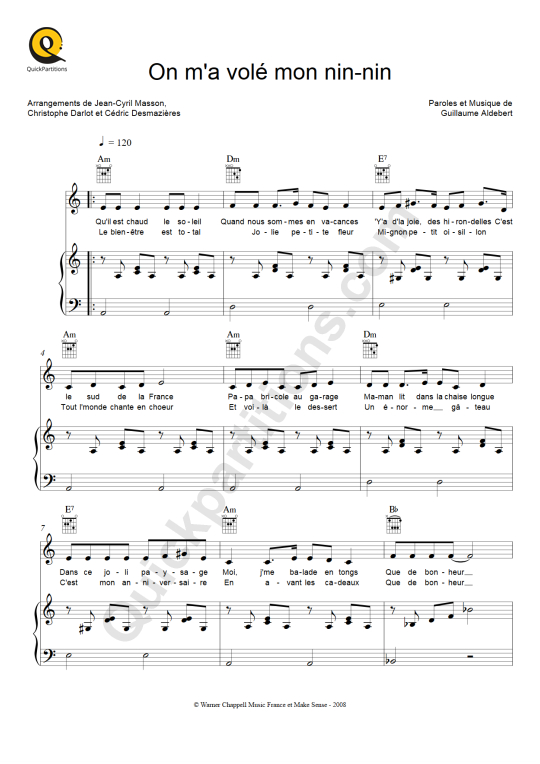 On m'a volé mon nin-nin Piano Sheet Music - Aldebert