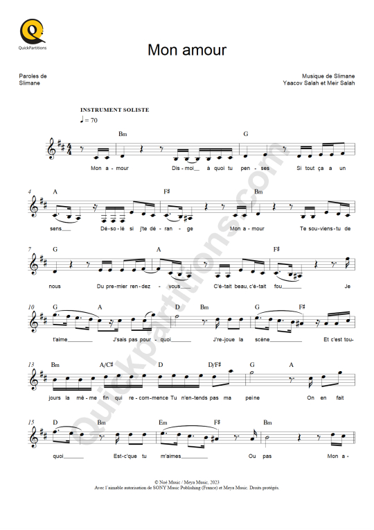Partition pour Instruments Solistes Mon amour - Slimane (Partition Digitale)