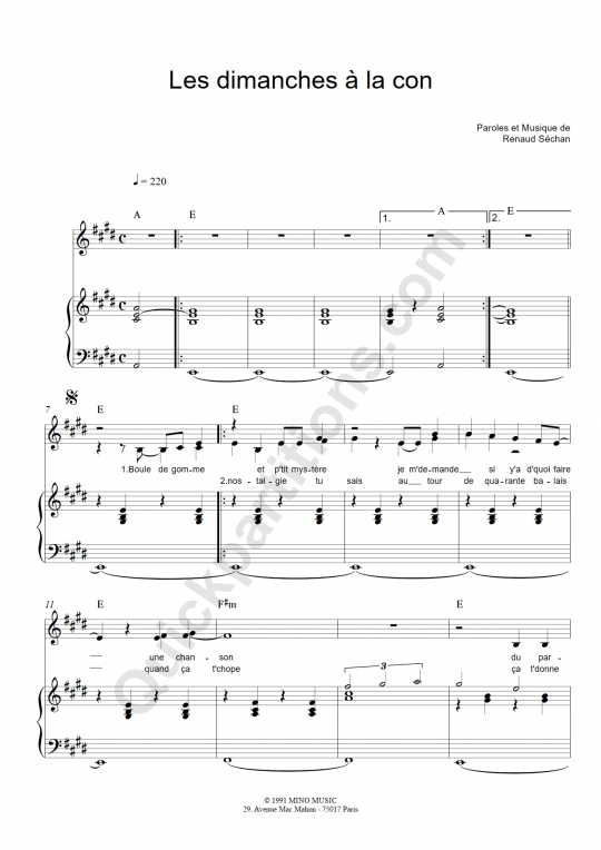 Partition piano Les dimanches à la con - Renaud