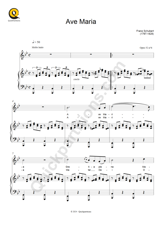 Partition piano Ave Maria (Op 52, n°6) de Franz Schubert