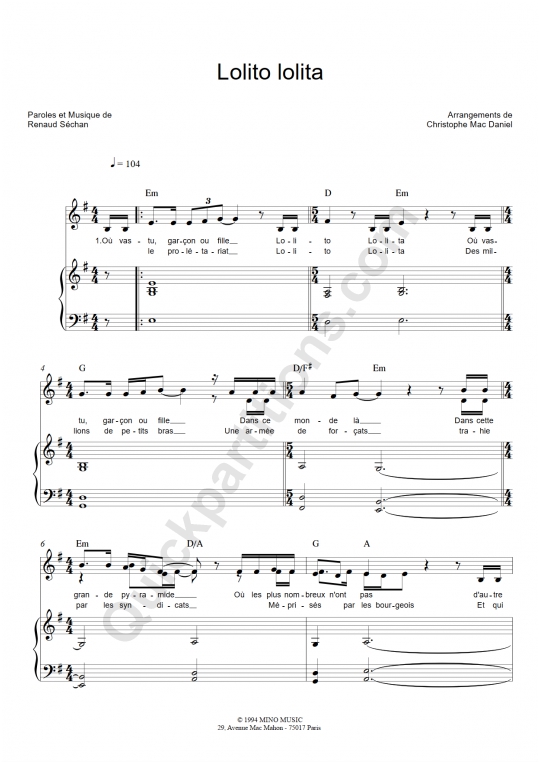 Partition piano Lolito Lolita - Renaud