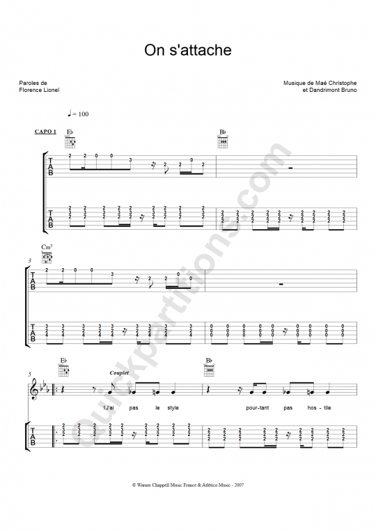 Tablature Guitare On s'attache - Christophe Maé