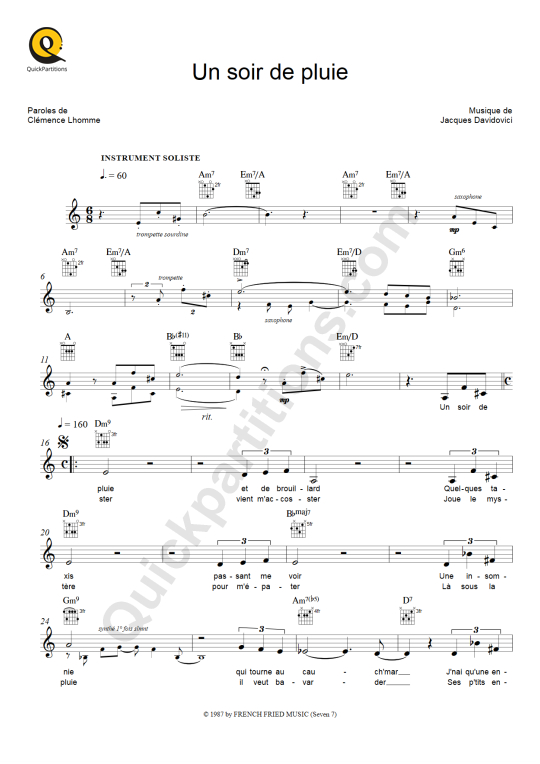 Partition pour Instruments Solistes Un soir de pluie de Blues Trottoir