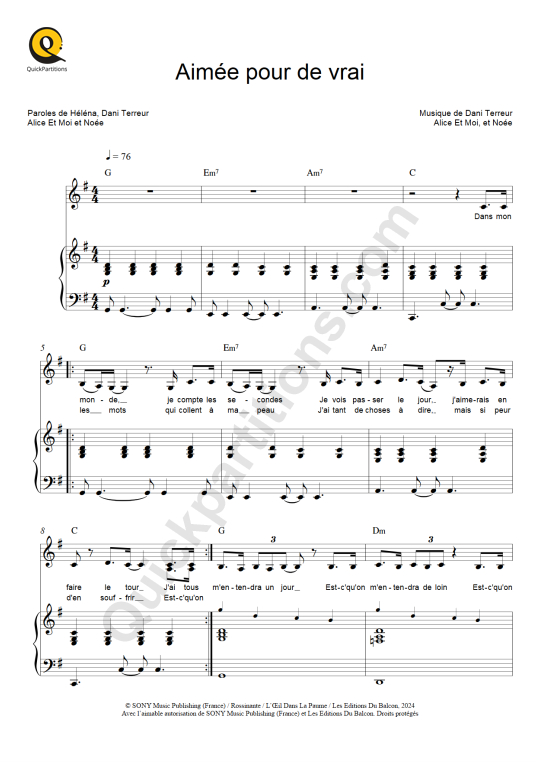 Partition piano Aimée pour de vrai de Héléna
