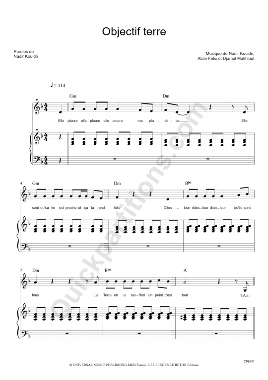 Objectif Terre Piano Sheet Music - Ridan