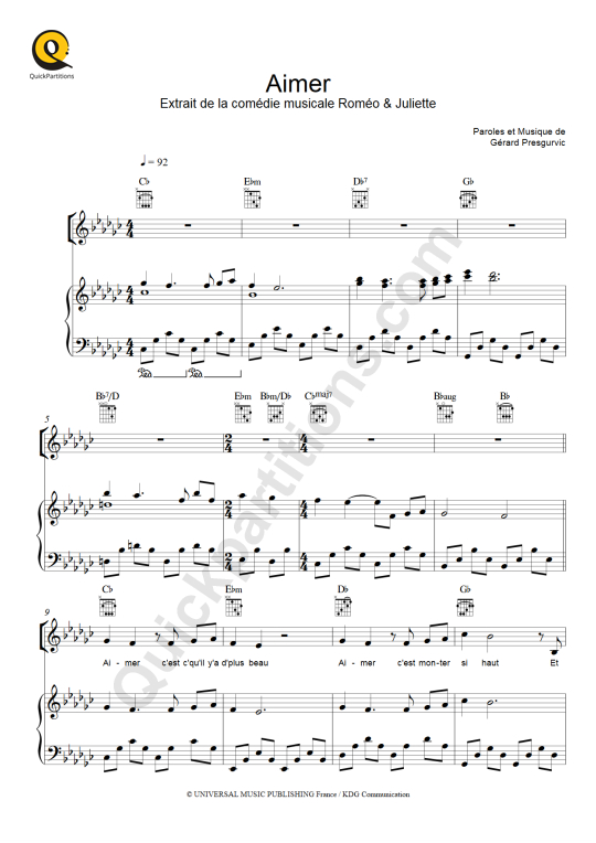 Partition piano Aimer - Romeo et Juliette