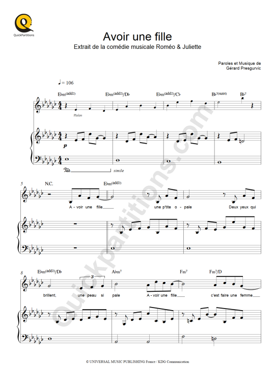 Avoir une fille Piano Sheet Music - Romeo et Juliette