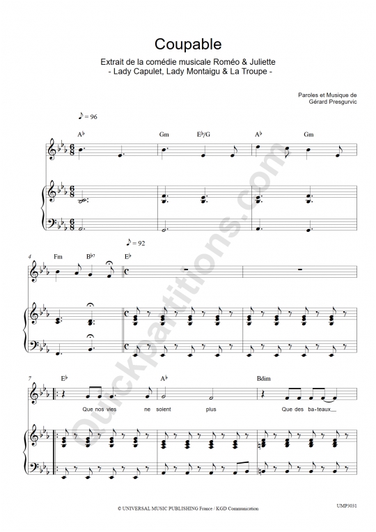 Coupables Piano Sheet Music - Romeo et Juliette