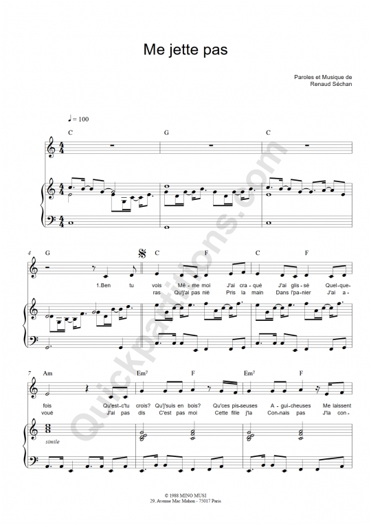 Partition piano Me jette pas - Renaud