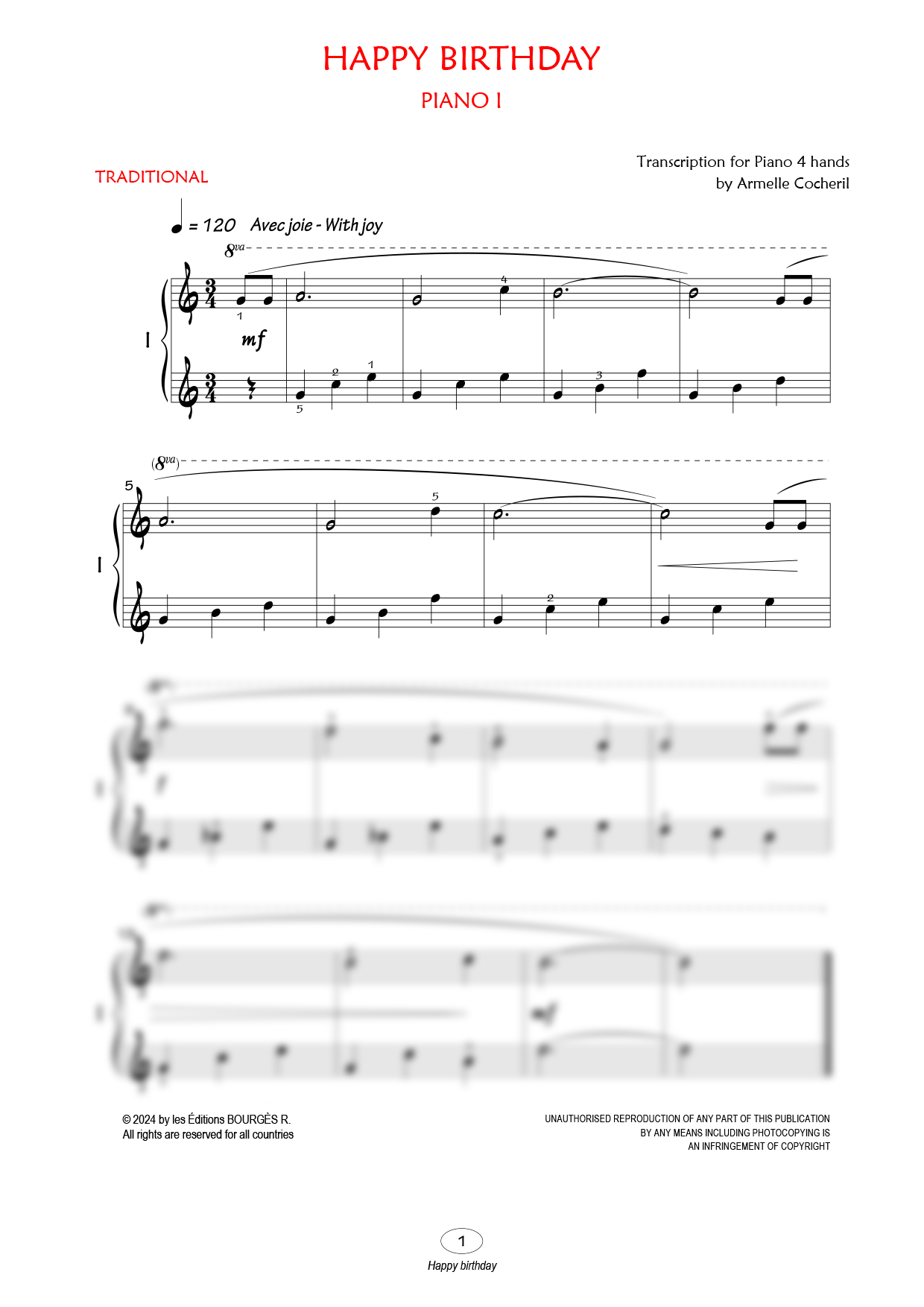 Partition piano quatre mains Happy Birthday de Editions Bourgès