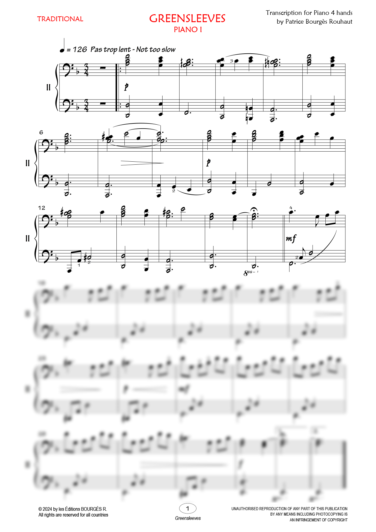 Partition piano quatre mains Greensleeves de Editions Bourgès