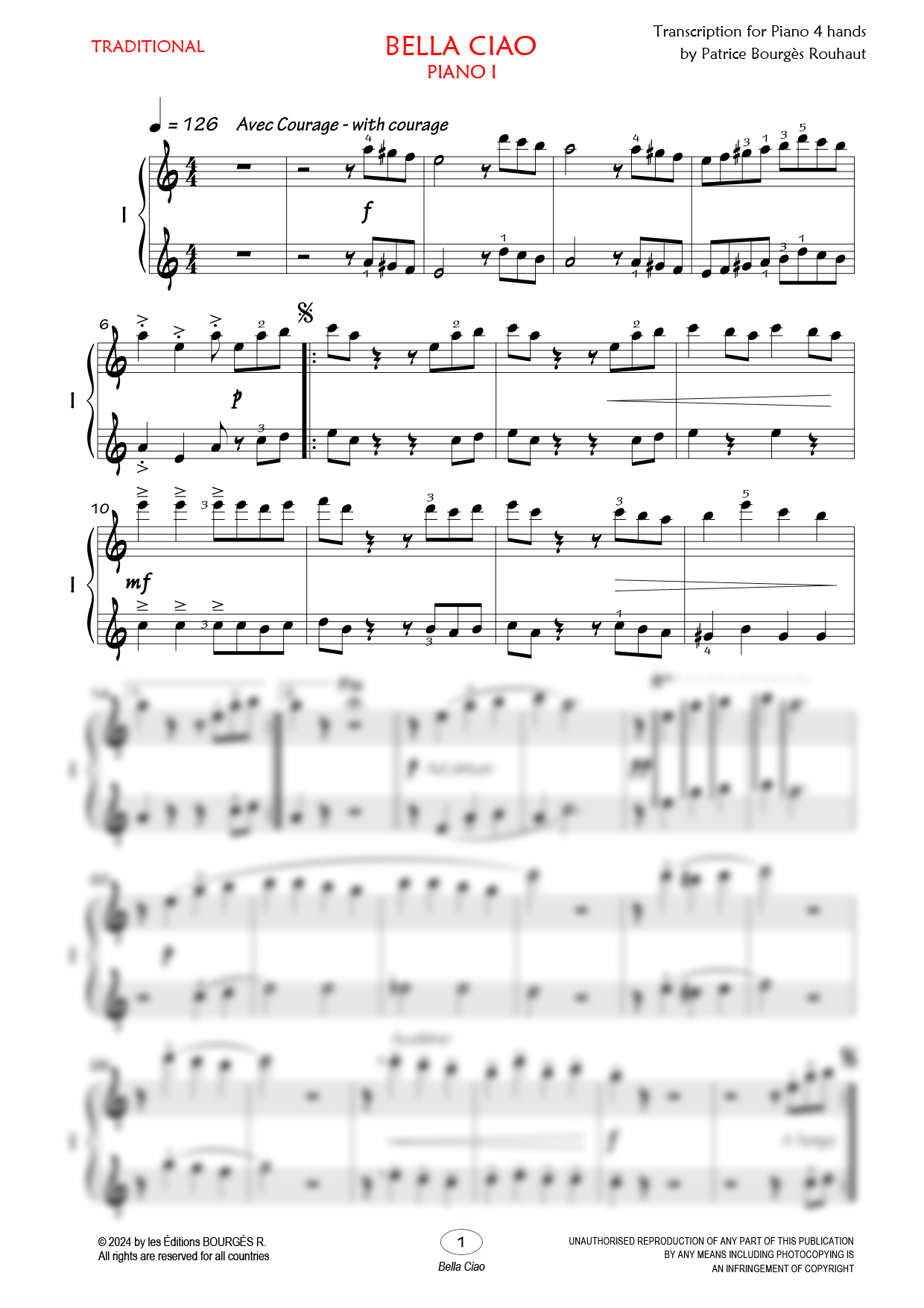 Partition piano quatre mains Bella Ciao de Editions Bourgès