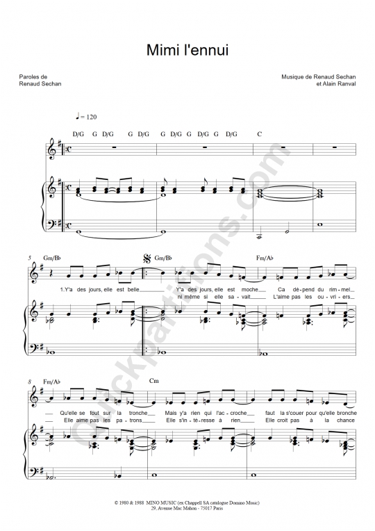Partition piano Mimi l'ennui - Renaud