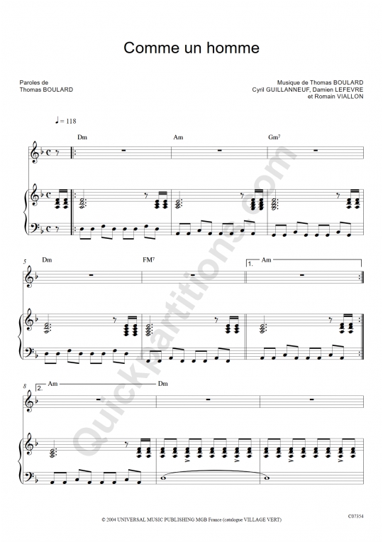 Comme un homme Piano Sheet Music - Luke