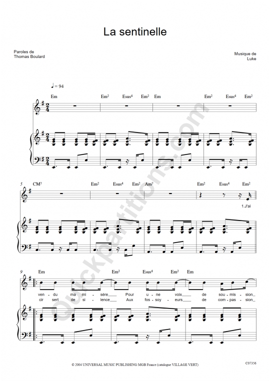 La sentinelle Piano Sheet Music - Luke