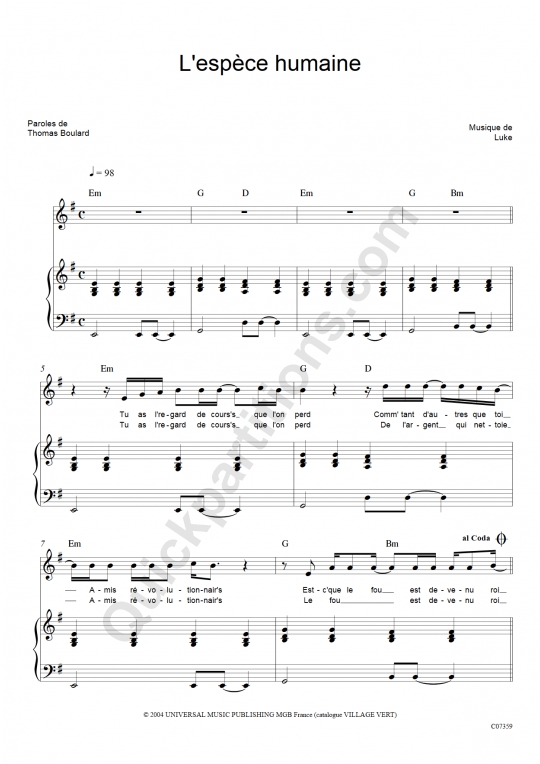 Partition piano L'espèce humaine - Luke