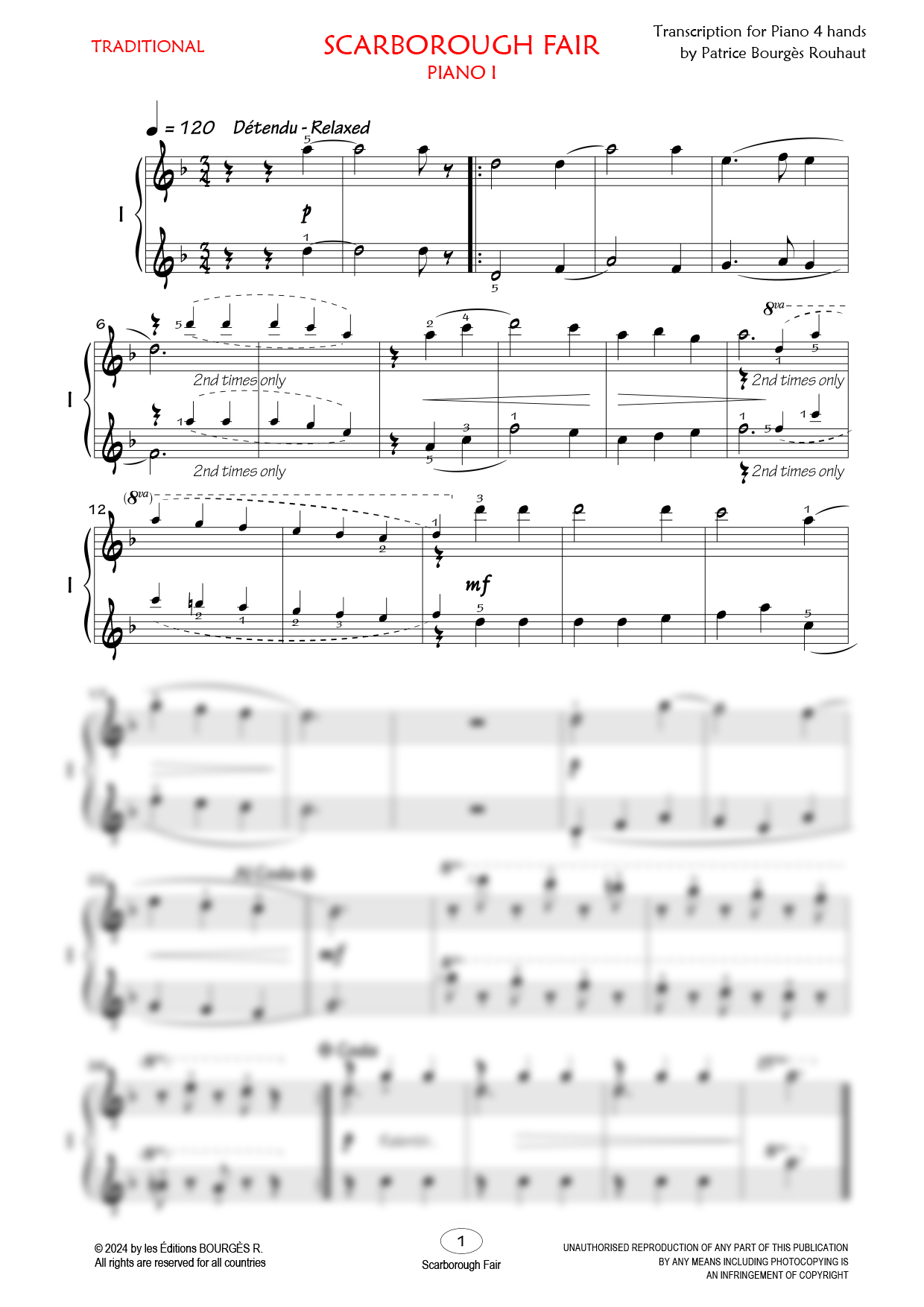 Partition piano quatre mains Scarborough Fair de Editions Bourgès