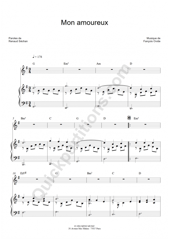 Partition piano Mon Amoureux - Renaud