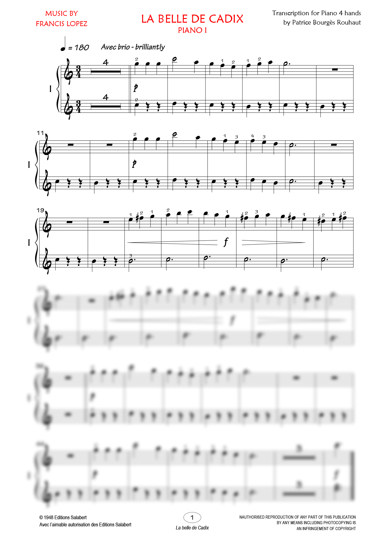 Partition piano quatre mains La belle de Cadix de Editions Bourgès