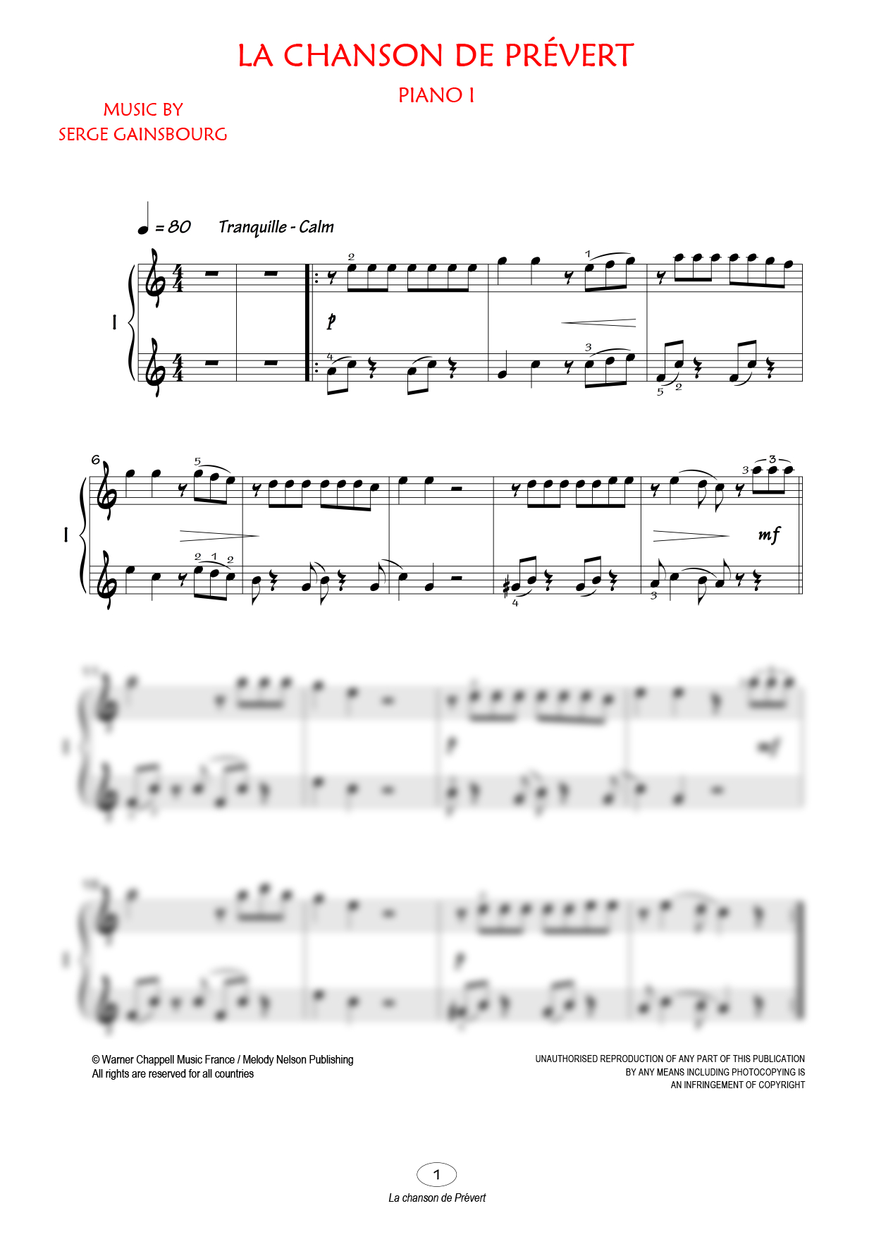 Partition piano quatre mains La chanson de Prévert de Editions Bourgès