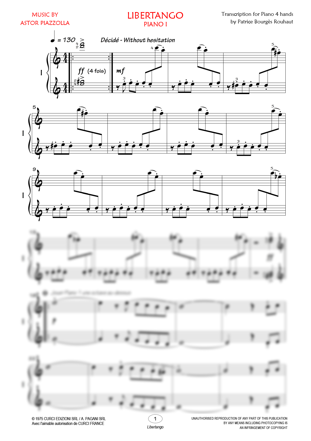 Partition piano quatre mains Libertango de Editions Bourgès