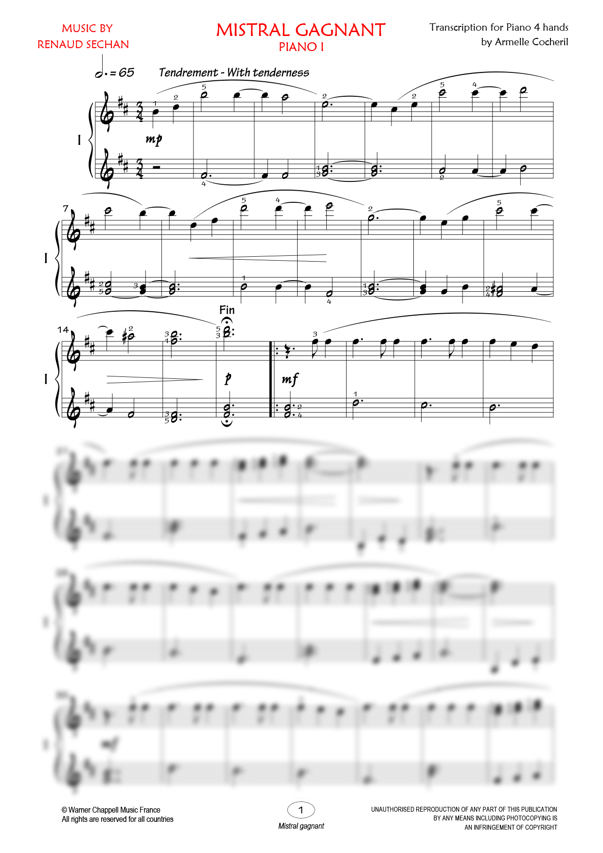Mistral Gagnant Piano four hands Sheet Music from Editions Bourgès
