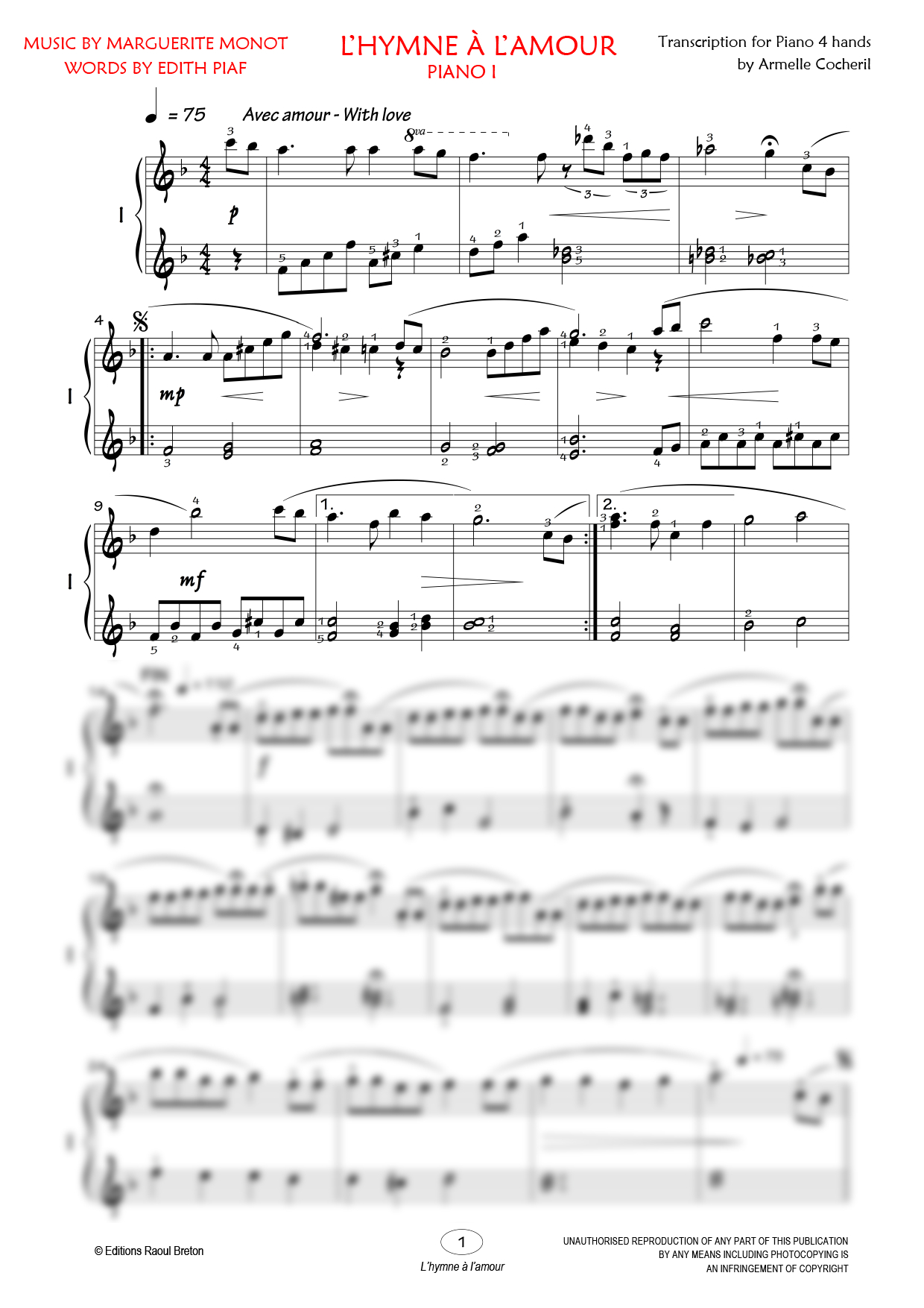 L'hymne à l'amour Piano four hands Sheet Music from Editions Bourgès