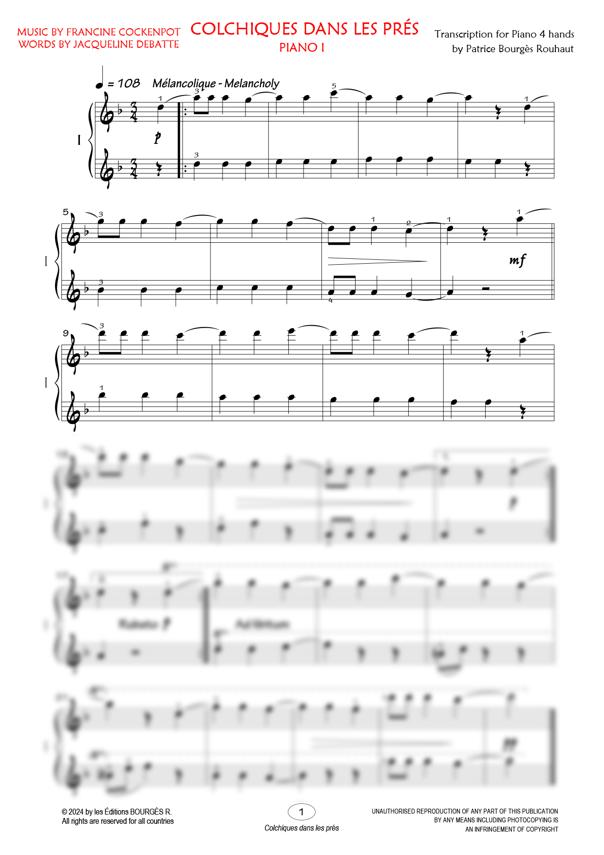 Colchiques dans les prés Piano four hands Sheet Music from Editions Bourgès