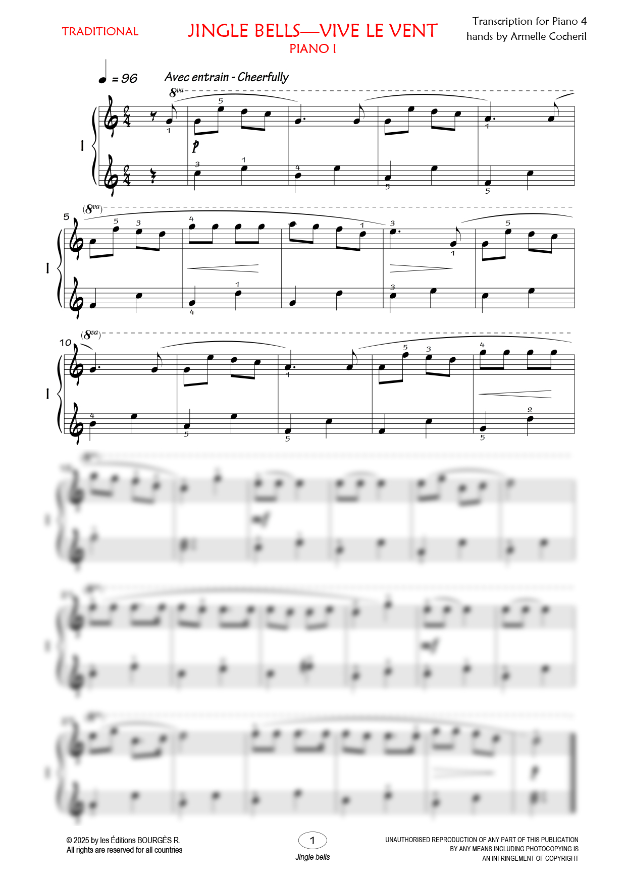 Partition piano quatre mains Jingle Bells (Vive le vent) de Editions Bourgès