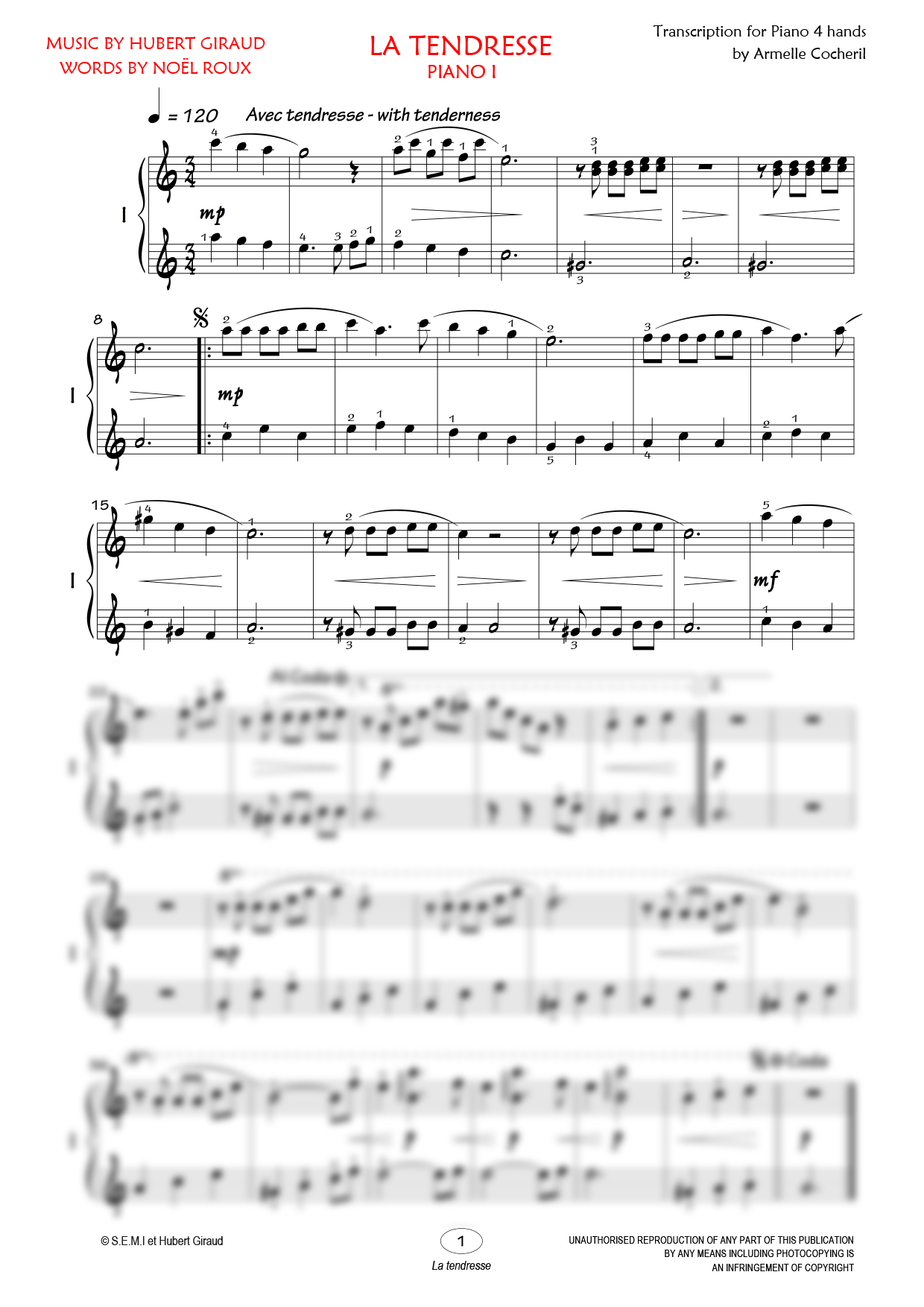 Partition piano quatre mains La tendresse de Editions Bourgès