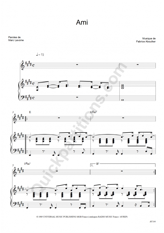 Partition piano Ami - Marc Lavoine