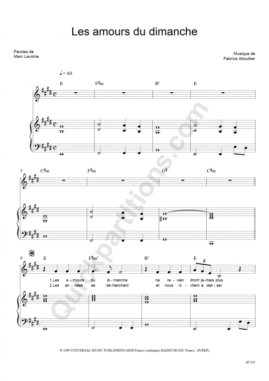Partition piano Les amours du dimanche - Marc Lavoine