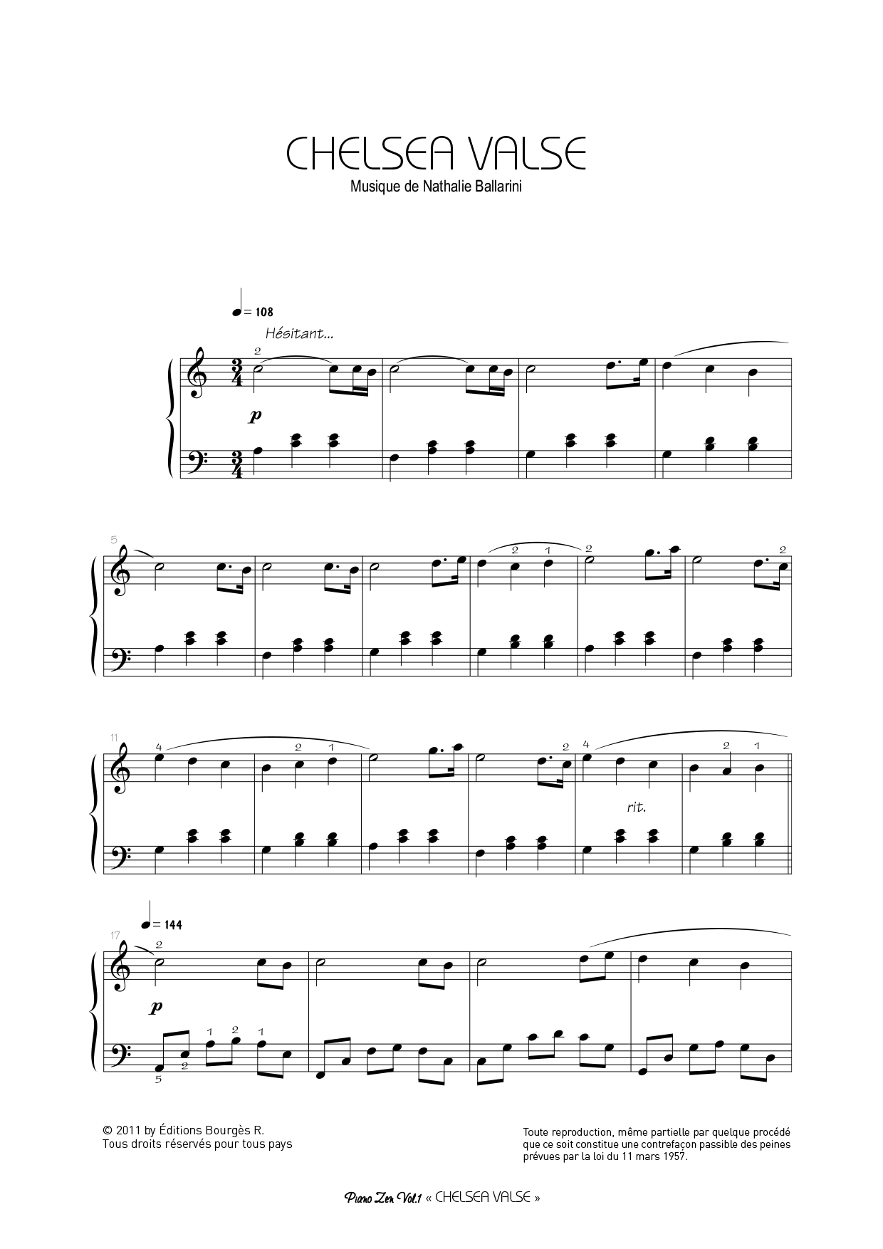 Partition piano Chelsea Valse de Nathalie Ballarini