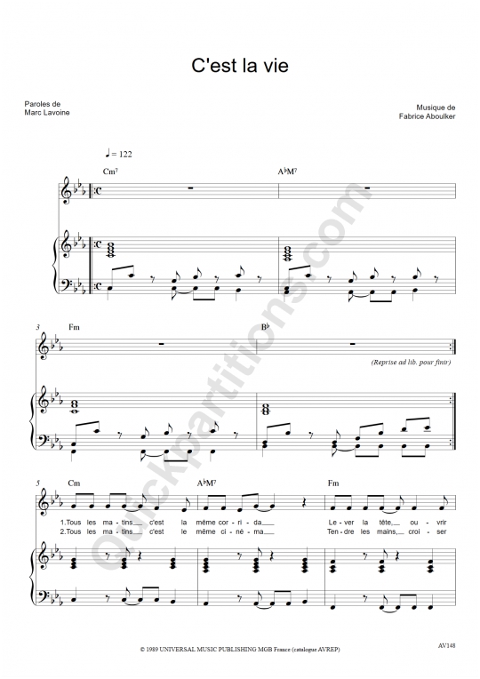 Partition piano C'est la vie - Marc Lavoine