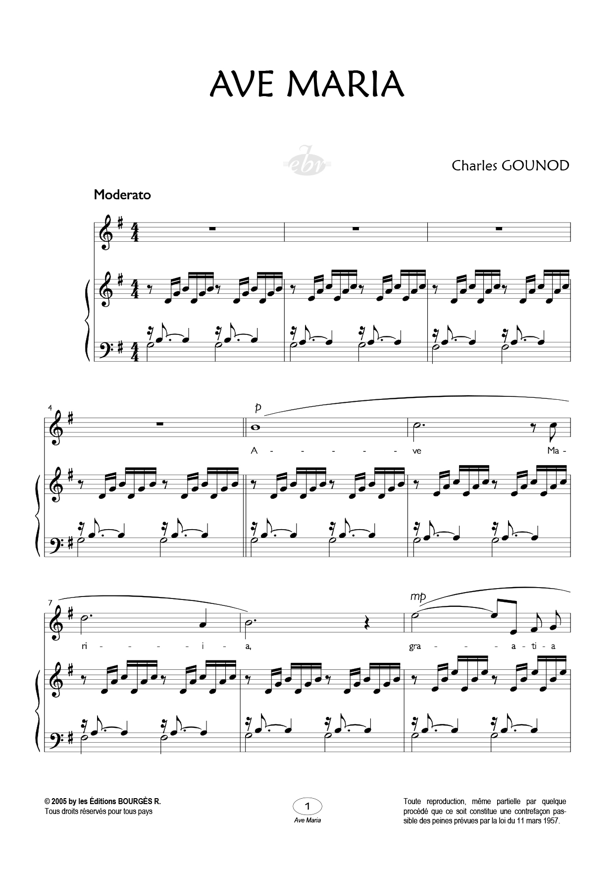 Partition piano Ave Maria (Sol Majeur) de Editions Bourgès R.