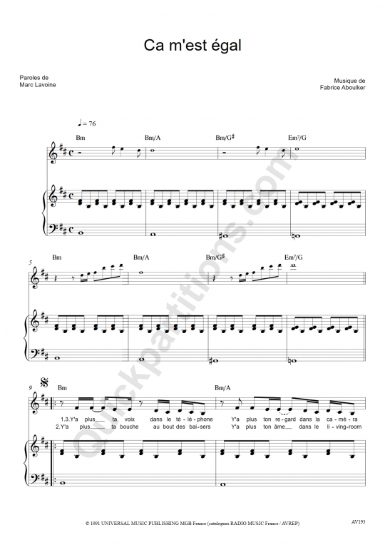 Partition piano Ca m'est égal - Marc Lavoine