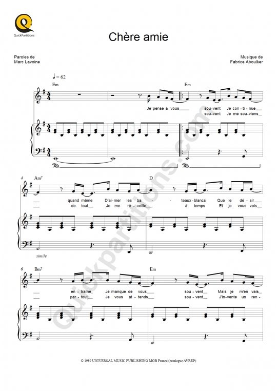 Partition piano Chère amie - Marc Lavoine