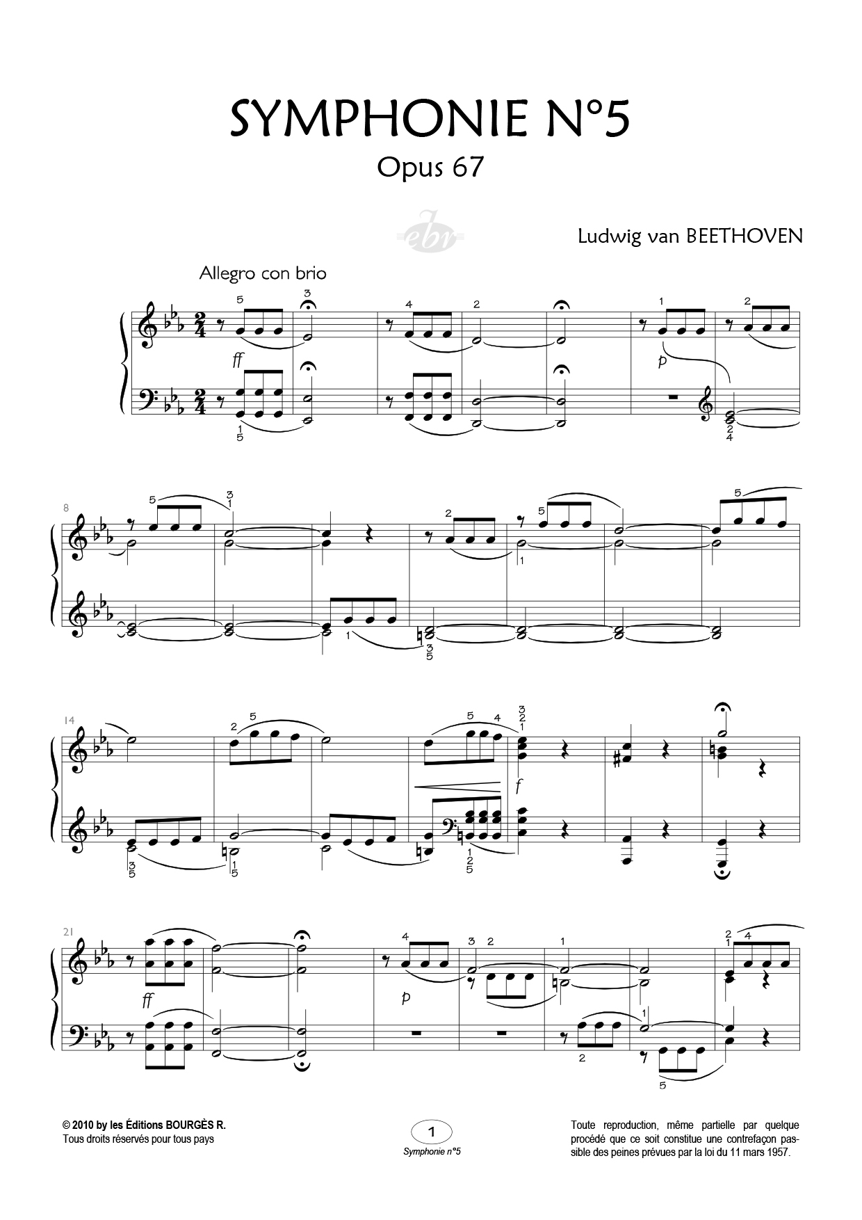 Partition piano Symphonie N°5 (Opus 67) de Editions Bourgès R.