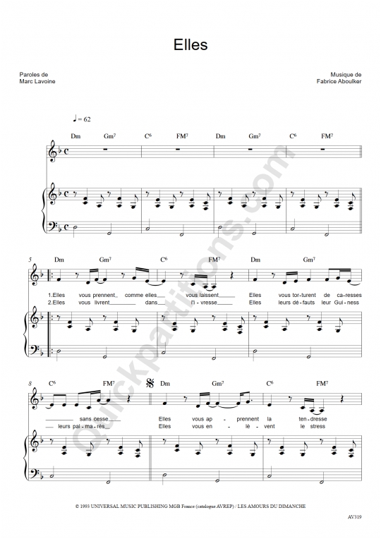 Partition piano Elles - Marc Lavoine