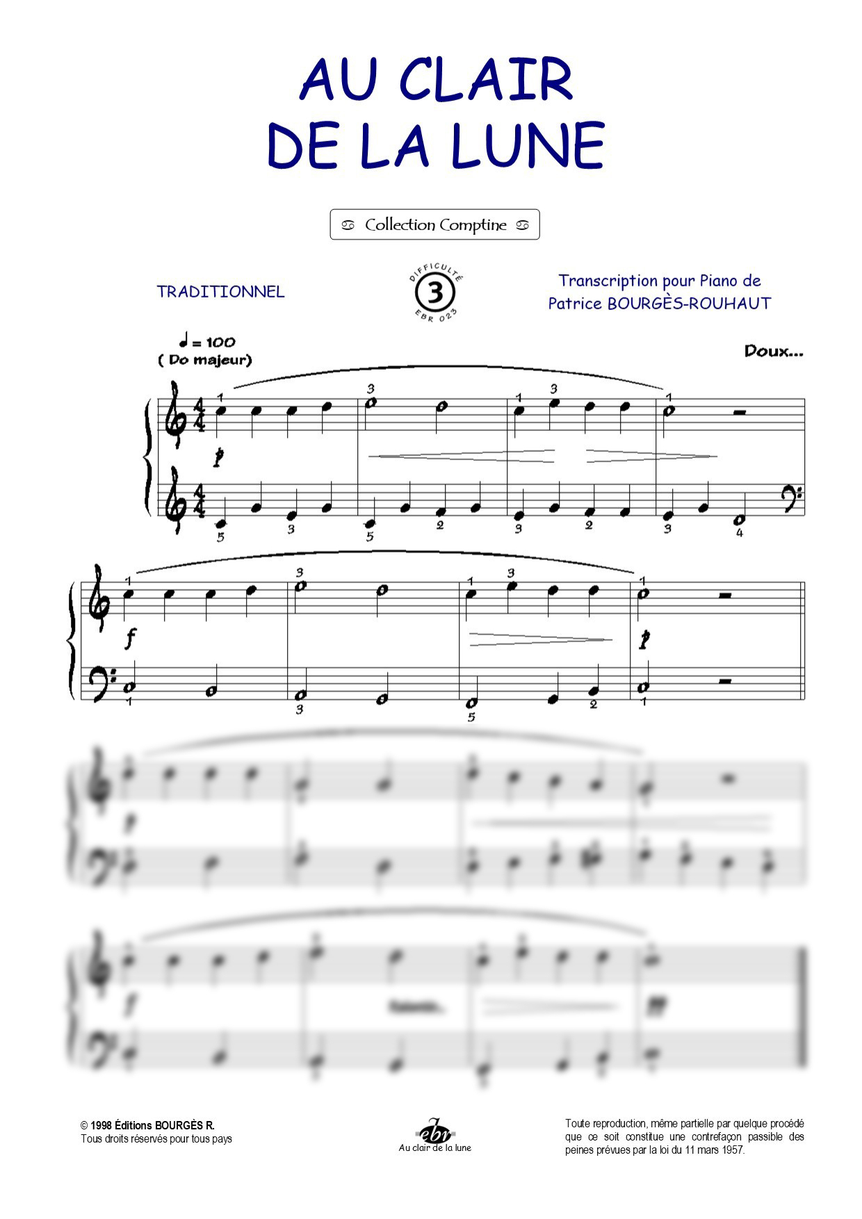 Partition piano Au clair de la lune de Editions Bourgès R.
