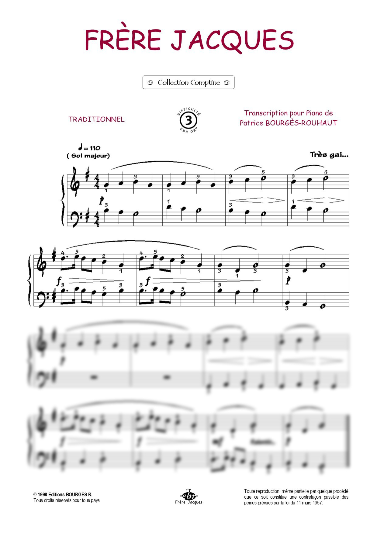 Frère Jacques Piano Sheet Music from Editions Bourgès R.