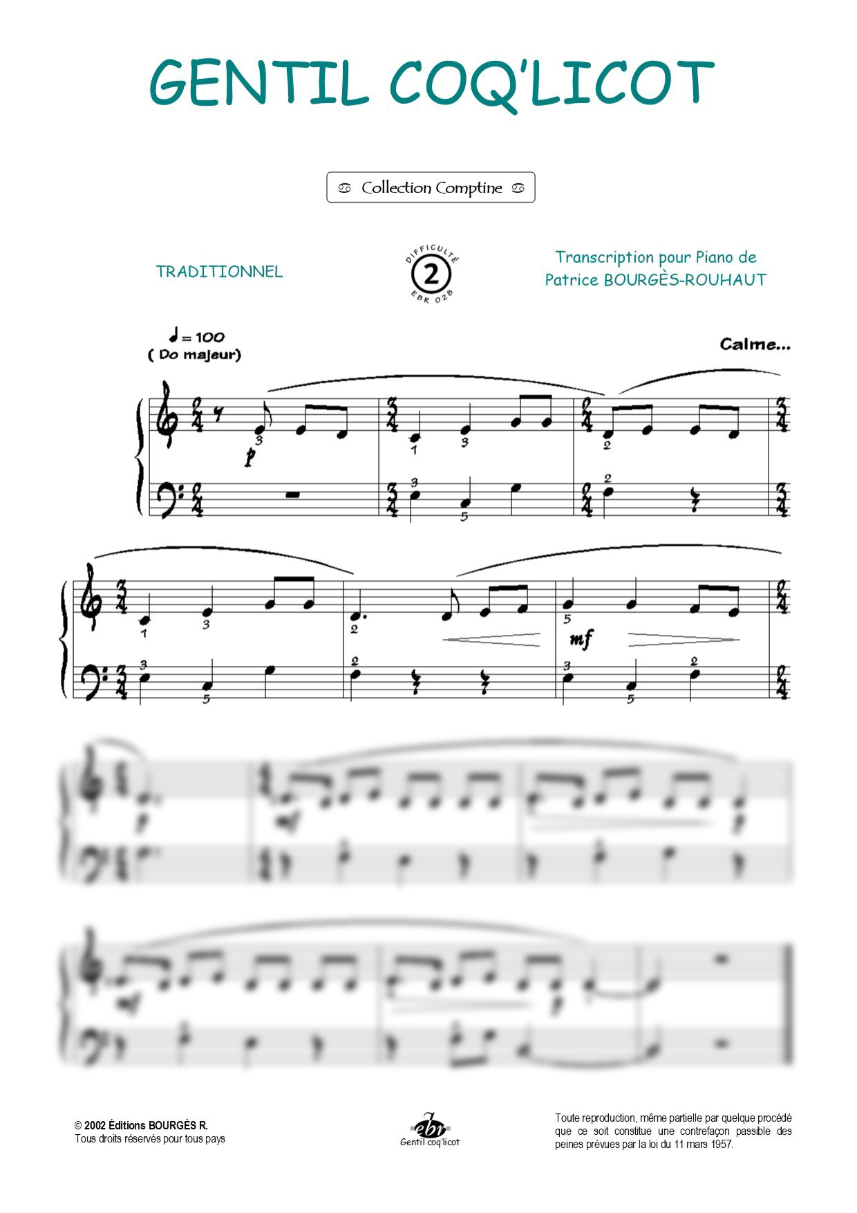 Partition piano Gentil Coq'licot de Editions Bourgès R.