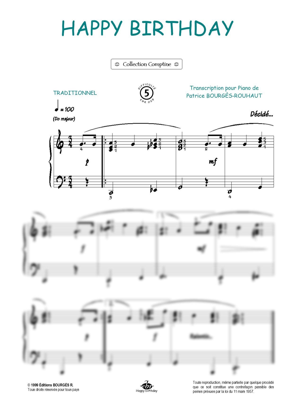 Partition piano Happy Birthday de Editions Bourgès R.
