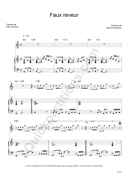 Partition piano Faux rêveurs - Marc Lavoine