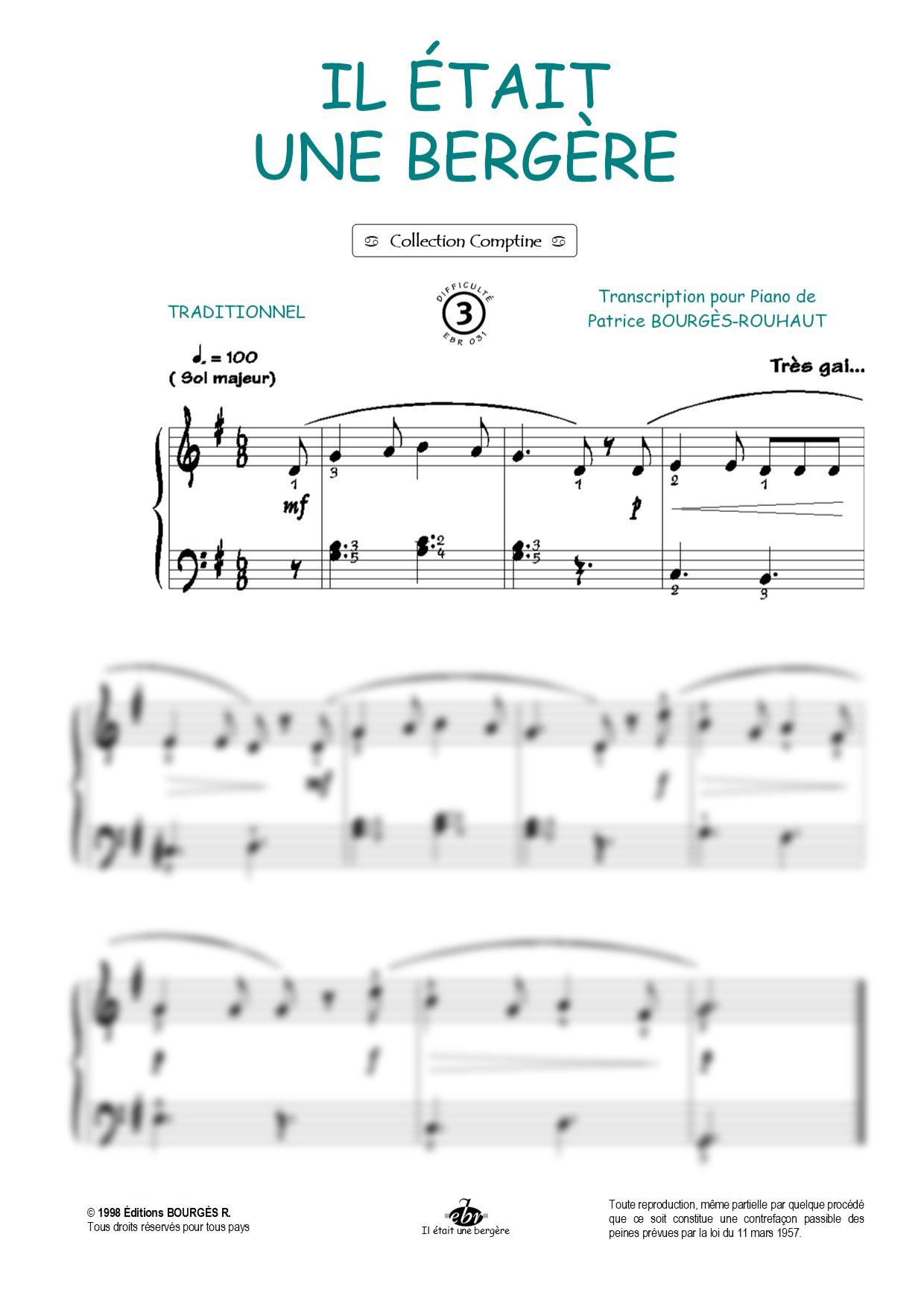 Il était une bergère Piano Sheet Music from Editions Bourgès R.