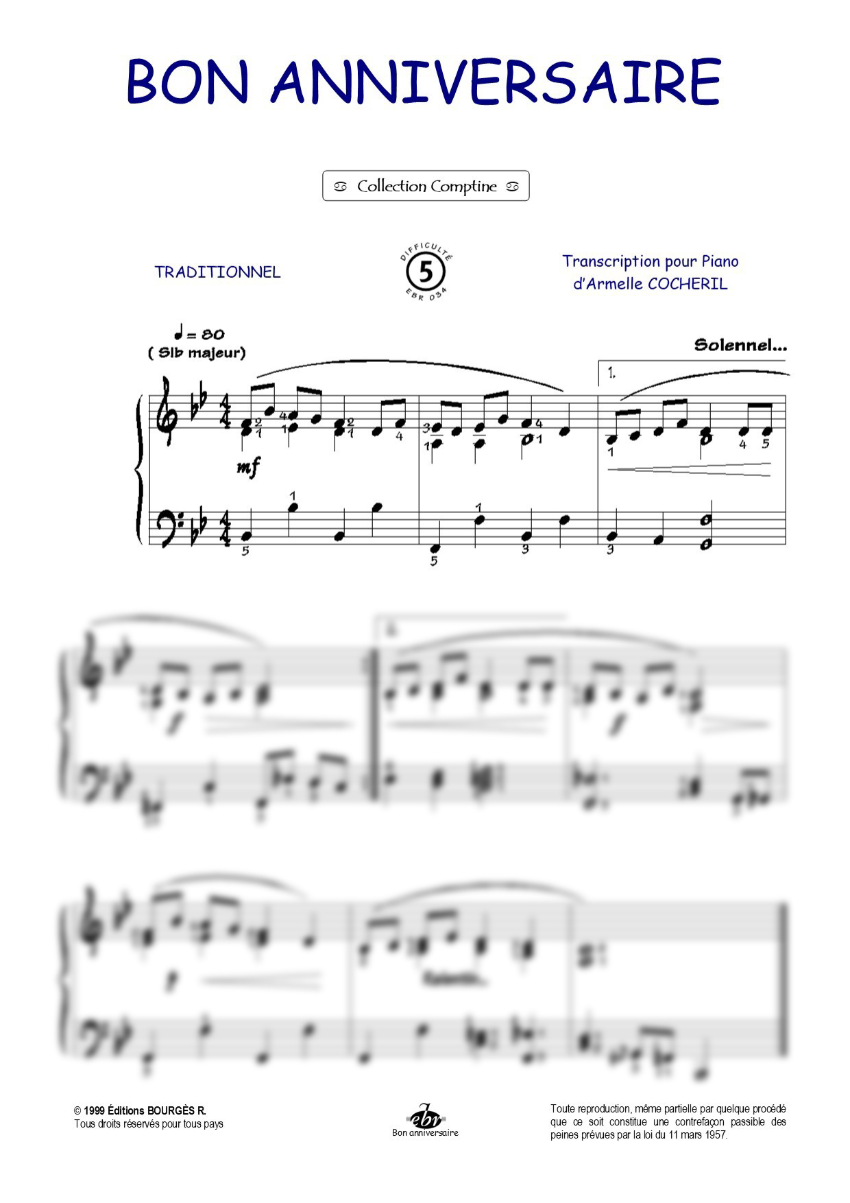Partition piano Bon anniversaire de Editions Bourgès R.