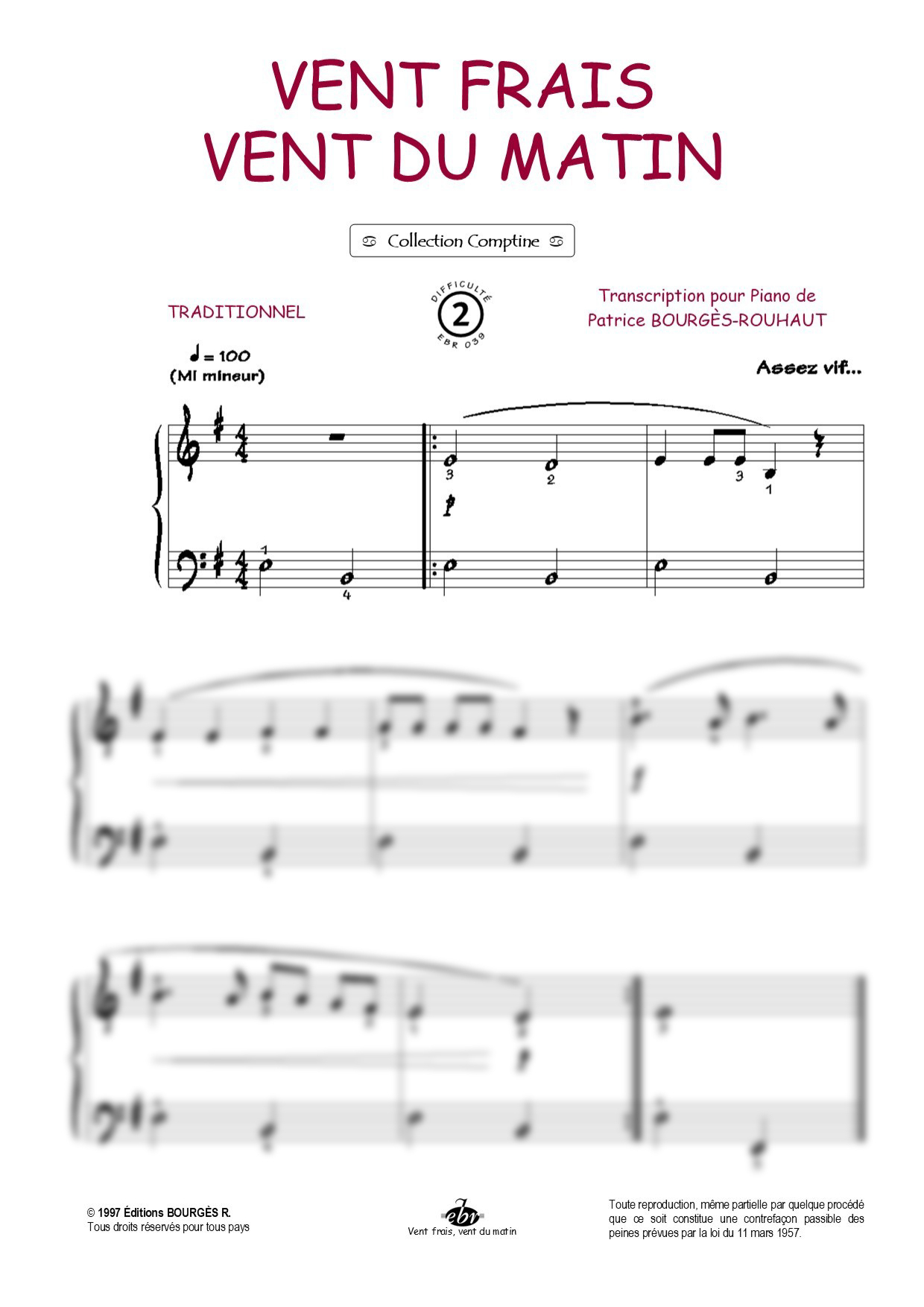 Vent frais, vent du matin Piano Sheet Music from Editions Bourgès R.