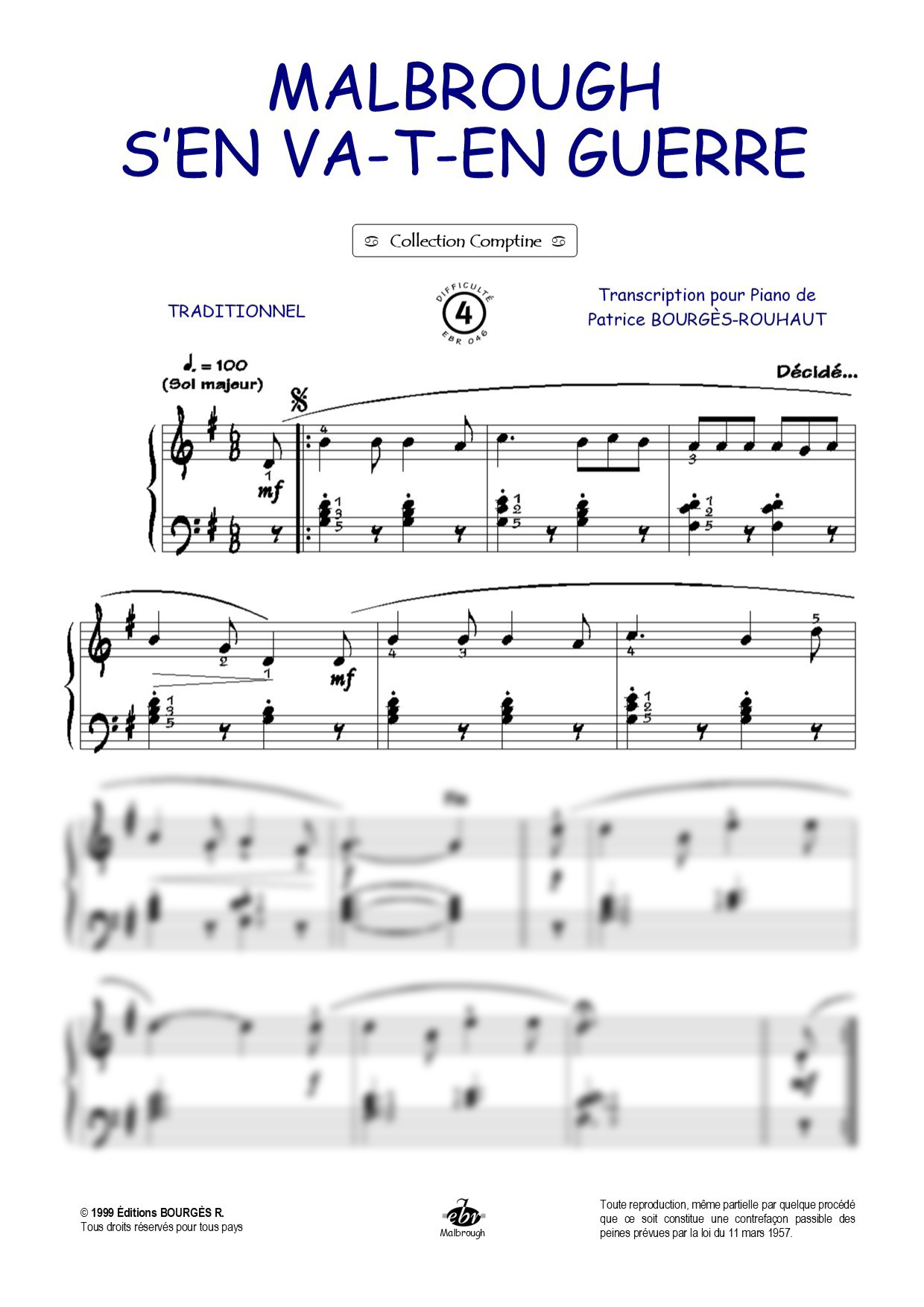 Partition piano Malbrough s'en va en guerre de Editions Bourgès R.