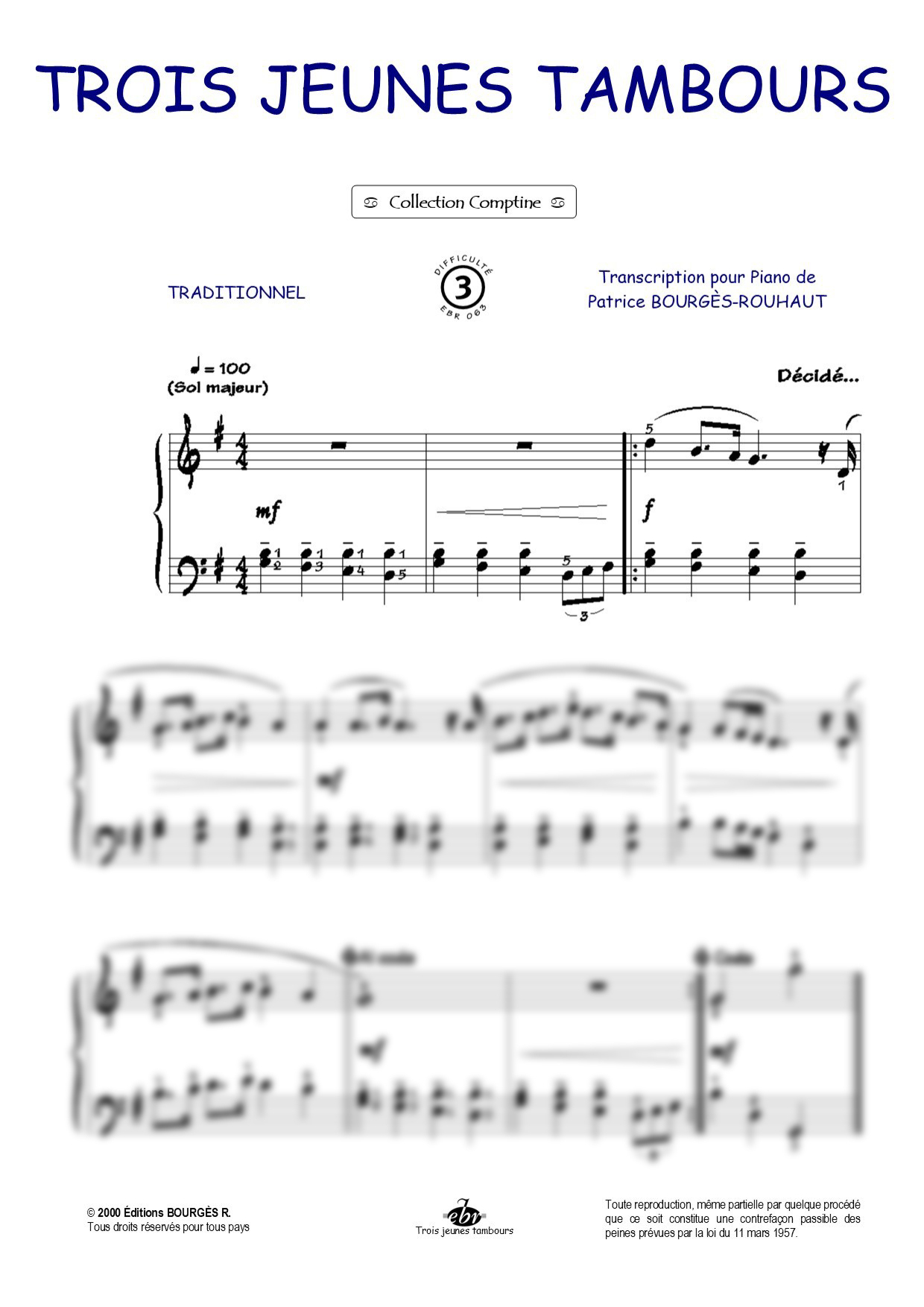 Partition piano Trois jeunes tambours de Editions Bourgès R.