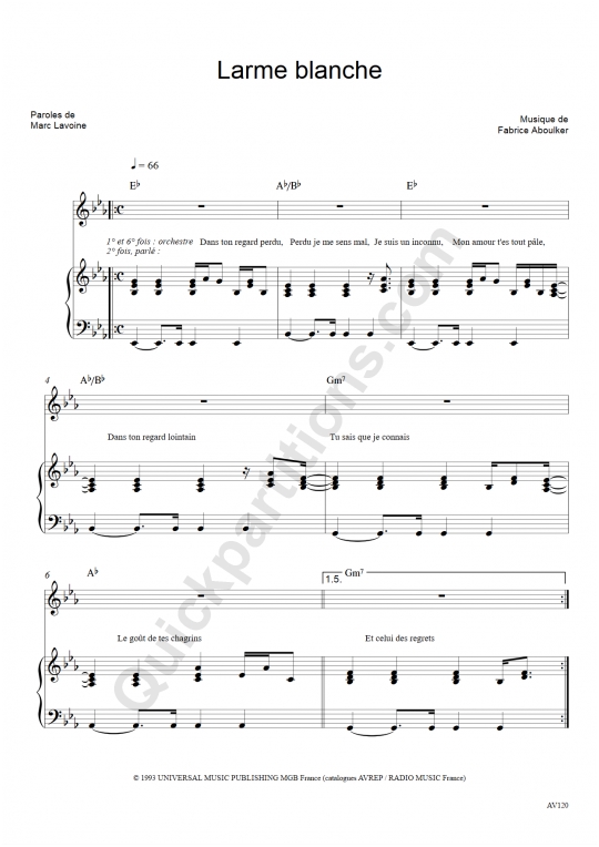 Partition piano Larme blanche - Marc Lavoine